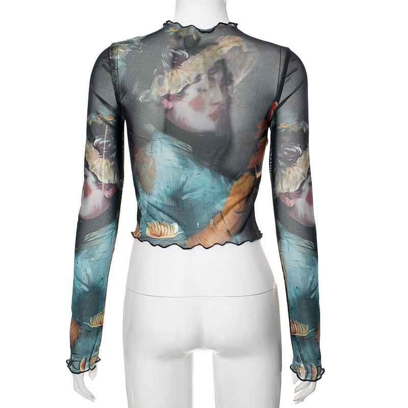 Girl Print Design Transparent Long Sleeves Cropped Top Long Skirt Women Suit