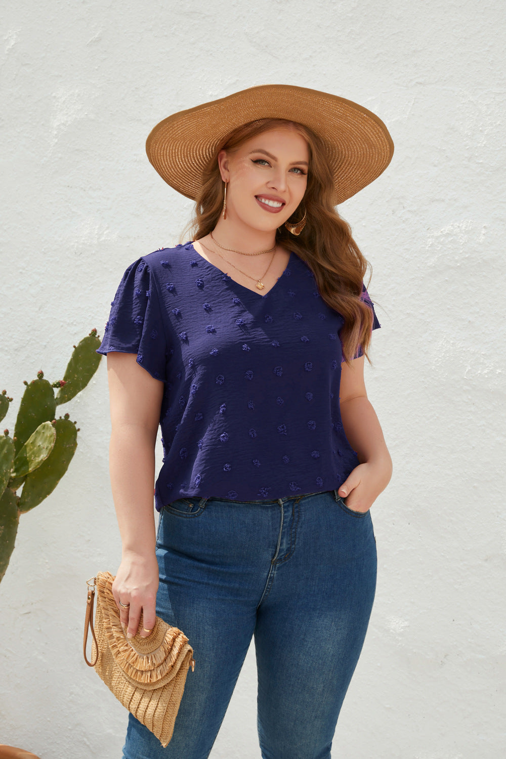 Plus Size Loose Fitting Casual T shirt Spring Summer Women Clothing V neck Fur Ball Short Sleeve Office Top