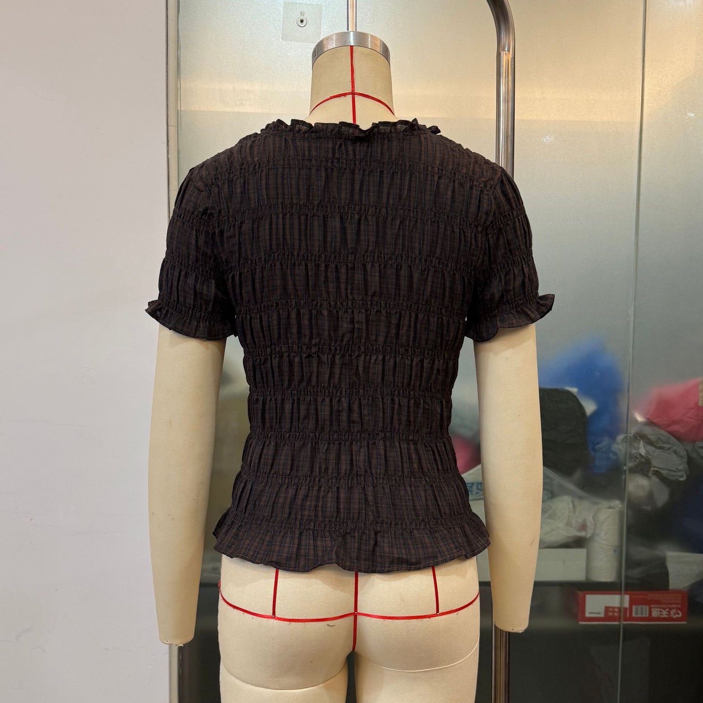 Women Clothes Solid Color Grid Casual All Matching Slim Fit Fitted Waist Pleated Cropped Short Sleeved Top