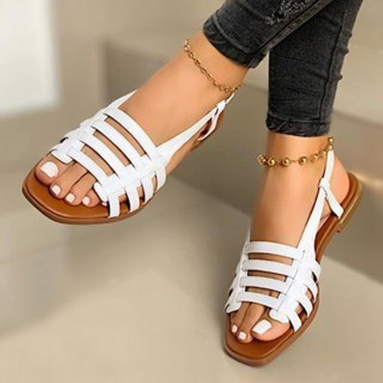 Hollow Out Cutout out Buckle Flat Sandals Women Summer Outdoor Knitted Belt Beach Sandals