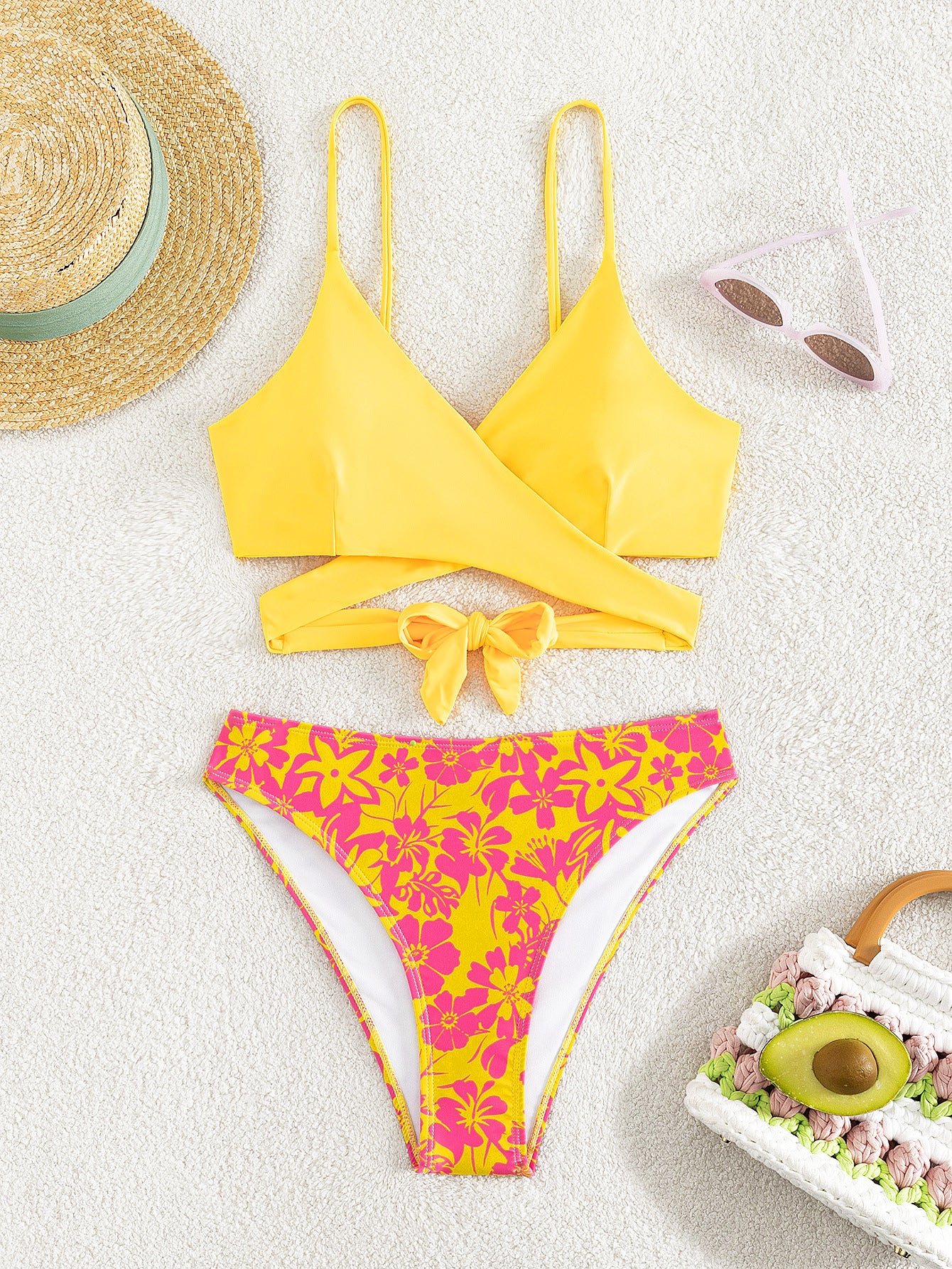 Bikini Top Cross Lace Printing Shorts Sexy Split Bikini Swimsuit