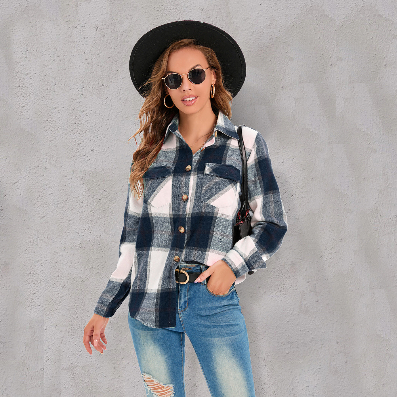 Popular Jacket Long Sleeved Plaid Button Shirt Top for Women