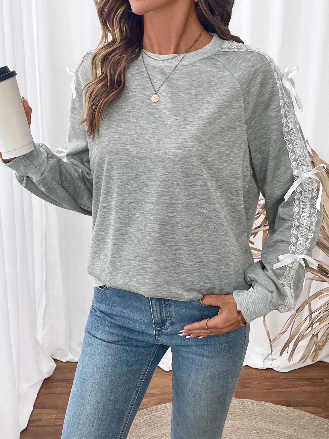 Casual Sweet Top Bow Lace Stitching Gray Long Sleeves Autumn Sweatshirts