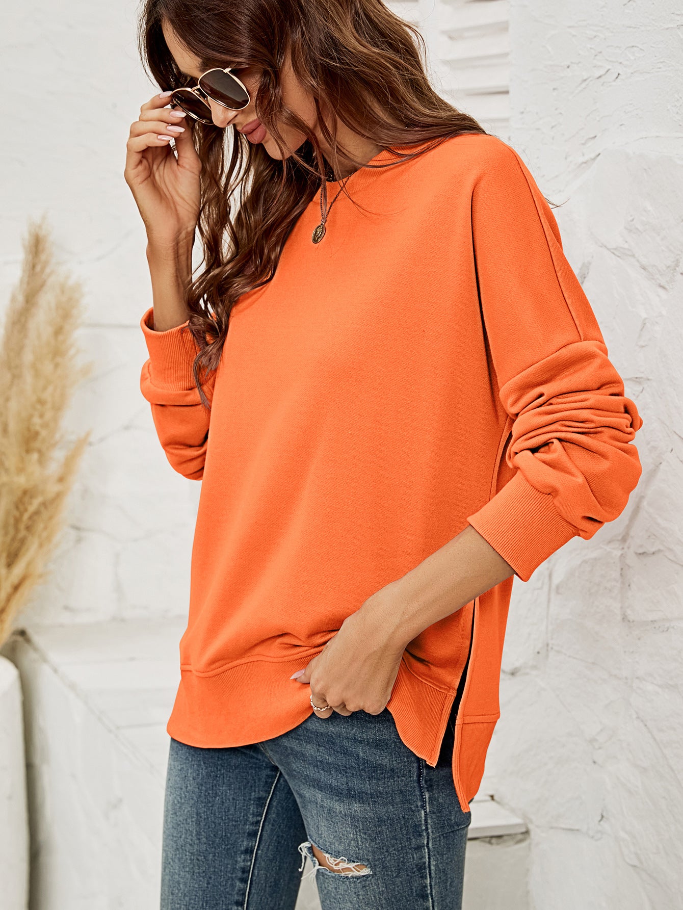 Women Clothing Autumn Winter Sweatshirt round Neck Long Sleeve Split Pullover for Women