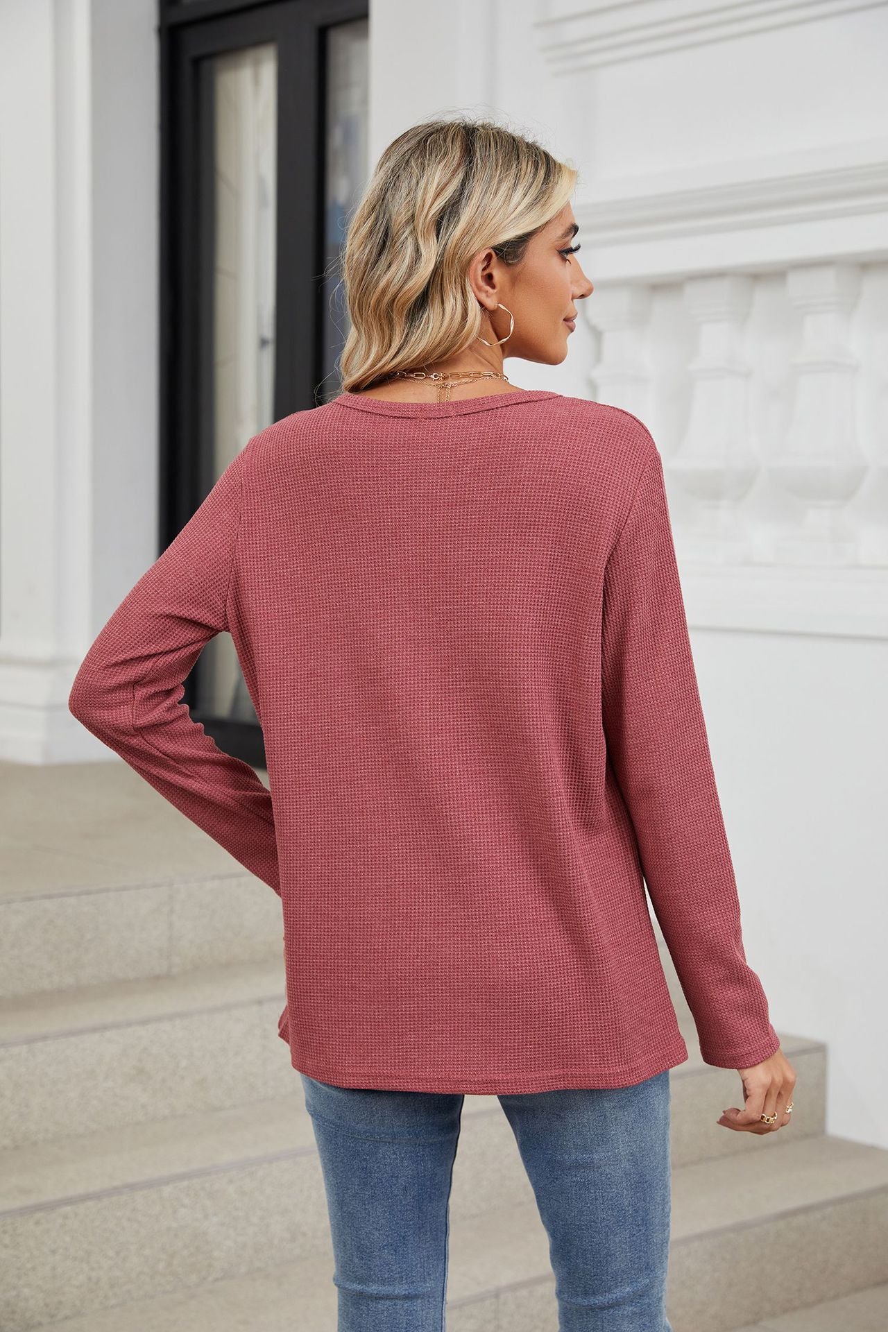 Spring Autumn Loose Fitting V Neck Long Sleeves Solid Color Casual T Shirt Top Women