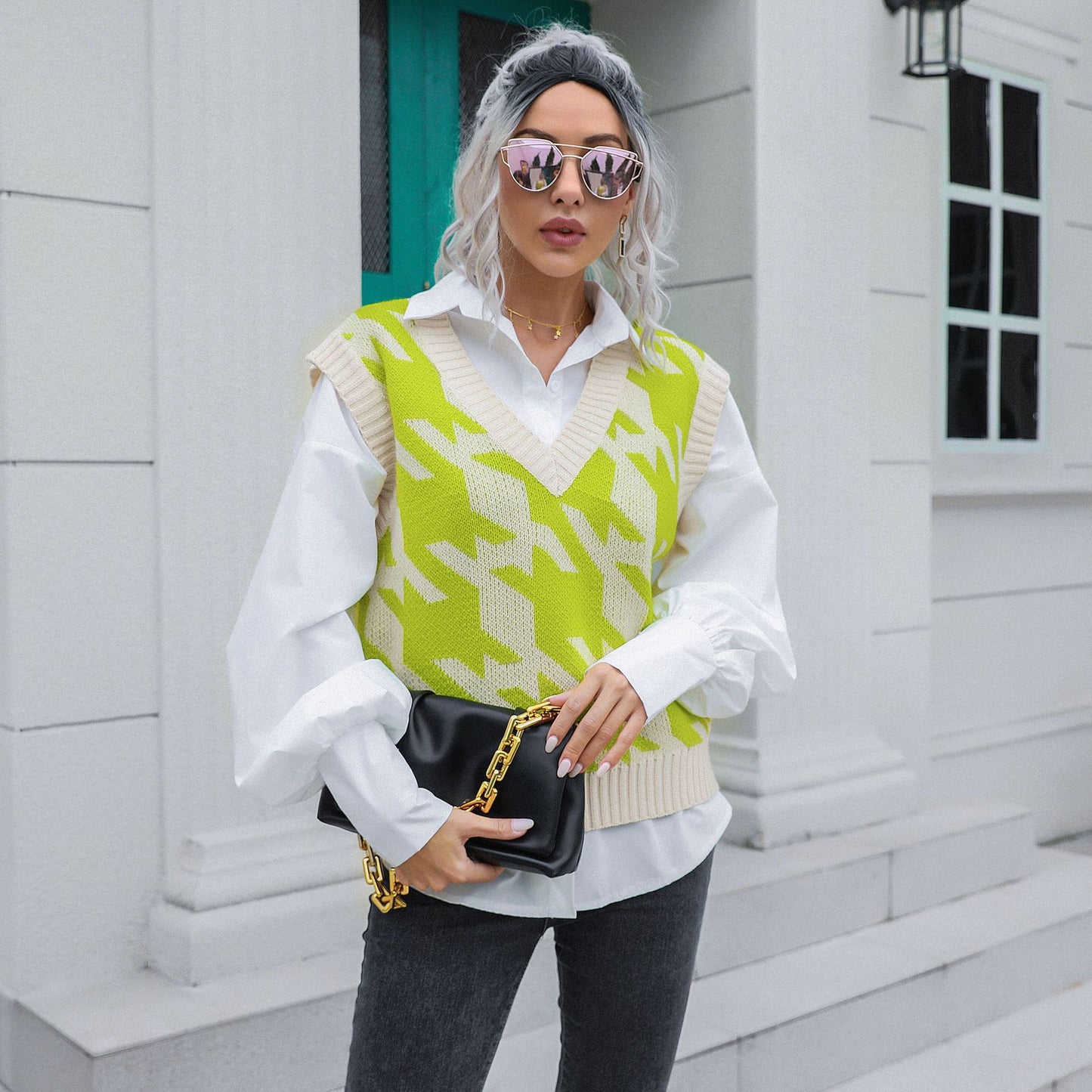 Houndstooth V-neck Vest Sweater Women Vest Outer Wear Inner Wear Autumn Winter Knitwear Sweater Boucle