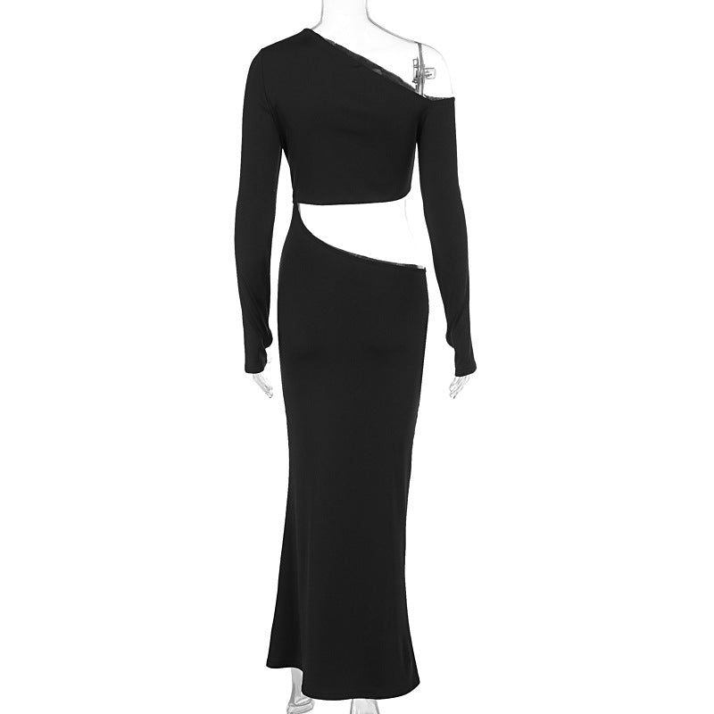 Women Clothing Sexy Hollow Out Cutout Solid Color Diagonal Collar Long Sleeve Dress