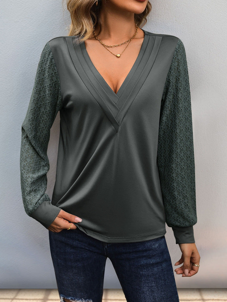 Autumn Lace Stitching Long Sleeve T shirt V neck Pleated Solid Color Simple T shirt Top for Women