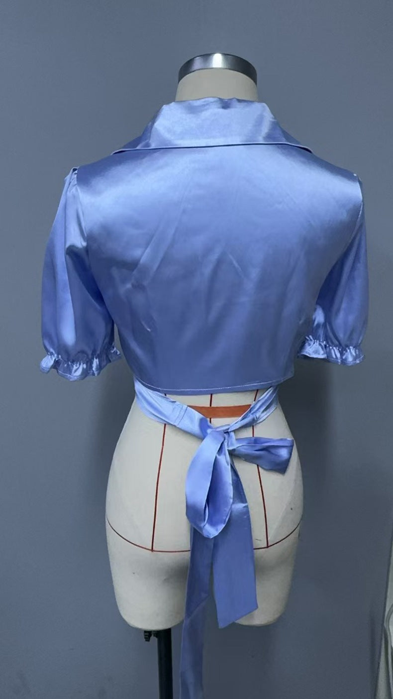 Satin Silk like Puff Sleeve Ultra Short Top Peter Pan Collar Short Sleeve Shirt for Women