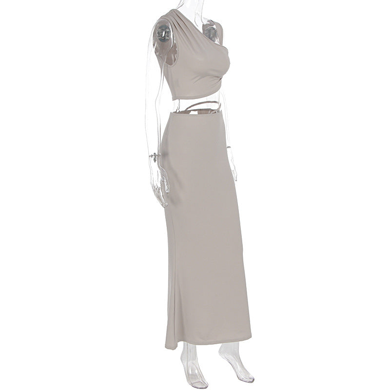 Summer Solid Color Sexy One Shoulder Diagonal Collar Top Exposed Cropped Skirt Two Piece Sets