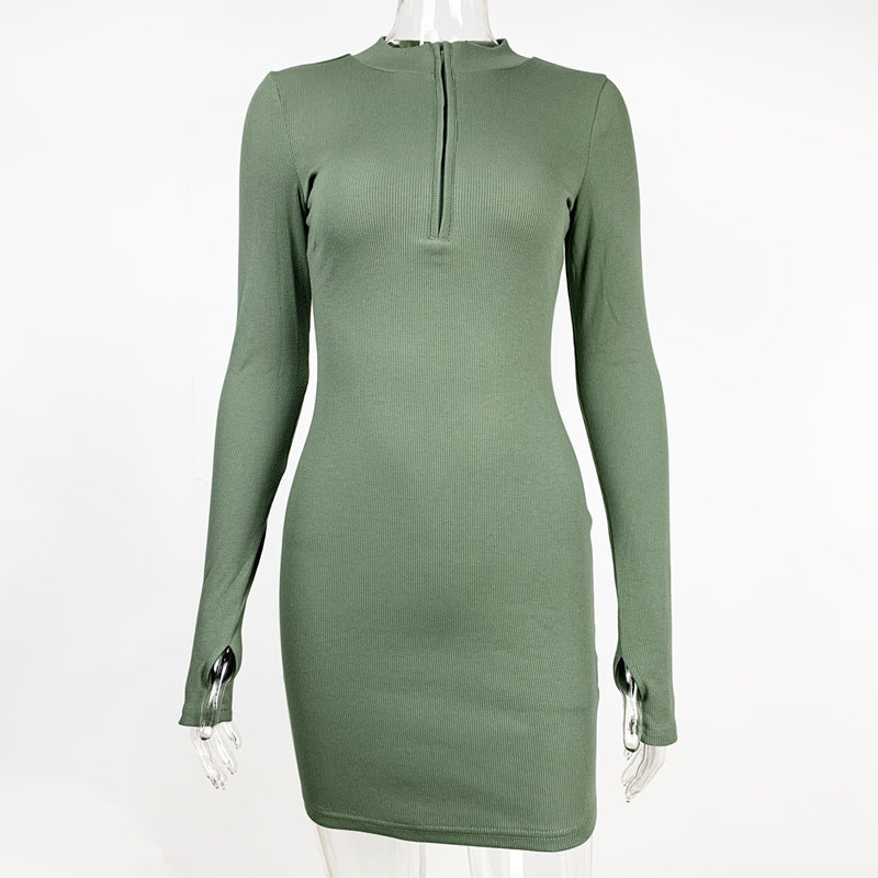 Fall Women Clothing Sexy Slim Fit Thread Long-Sleeve Zipper Dress
