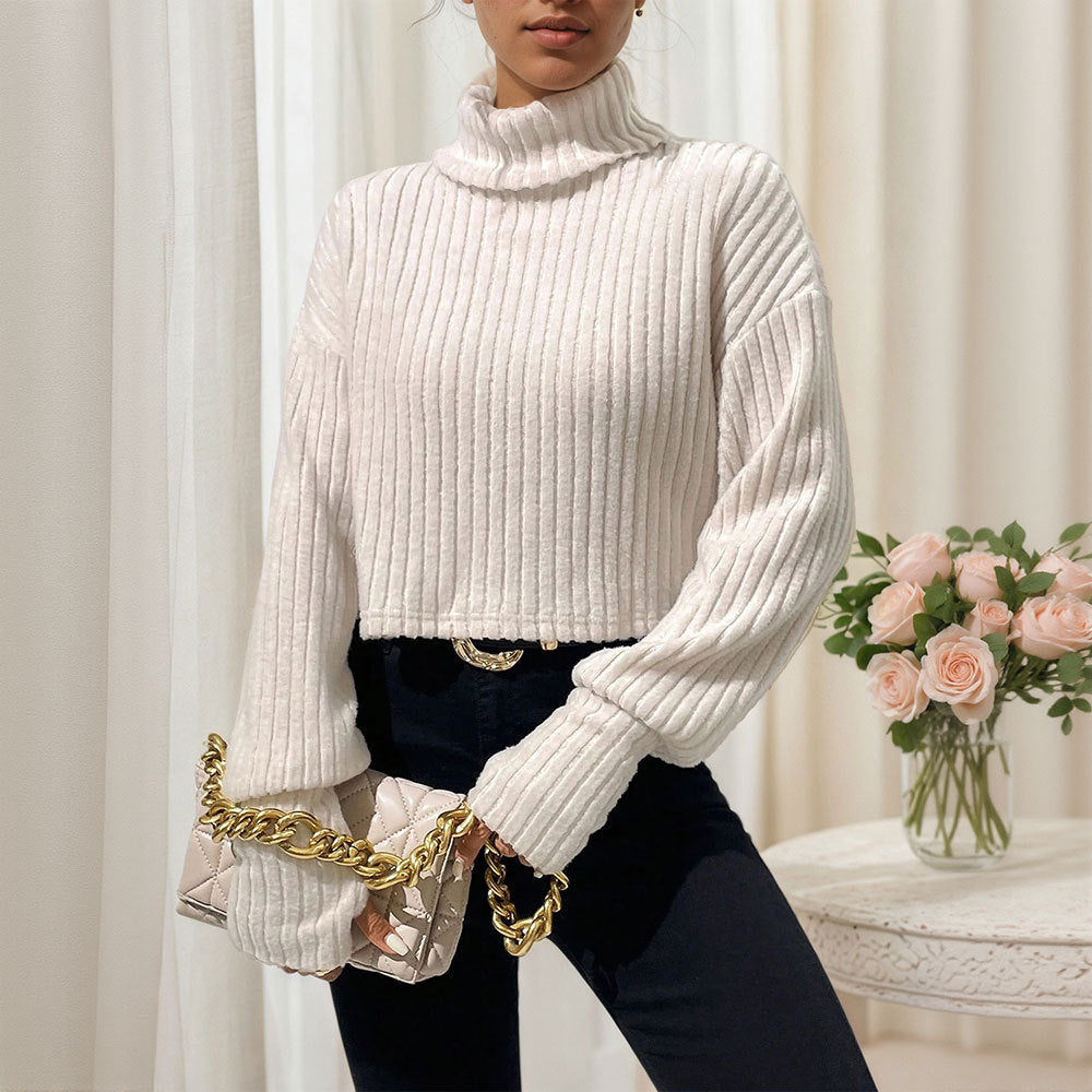 Autumn Winter Solid Color Thread Knitted Pullover High Collar Short Section Bottoming Top