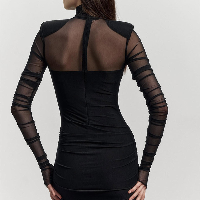 Elegant Women Clothing Half Turtleneck Mesh Slim Fit Patchwork Sexy Padded Shoulder Solid Color High Sense Maxi Dress Women