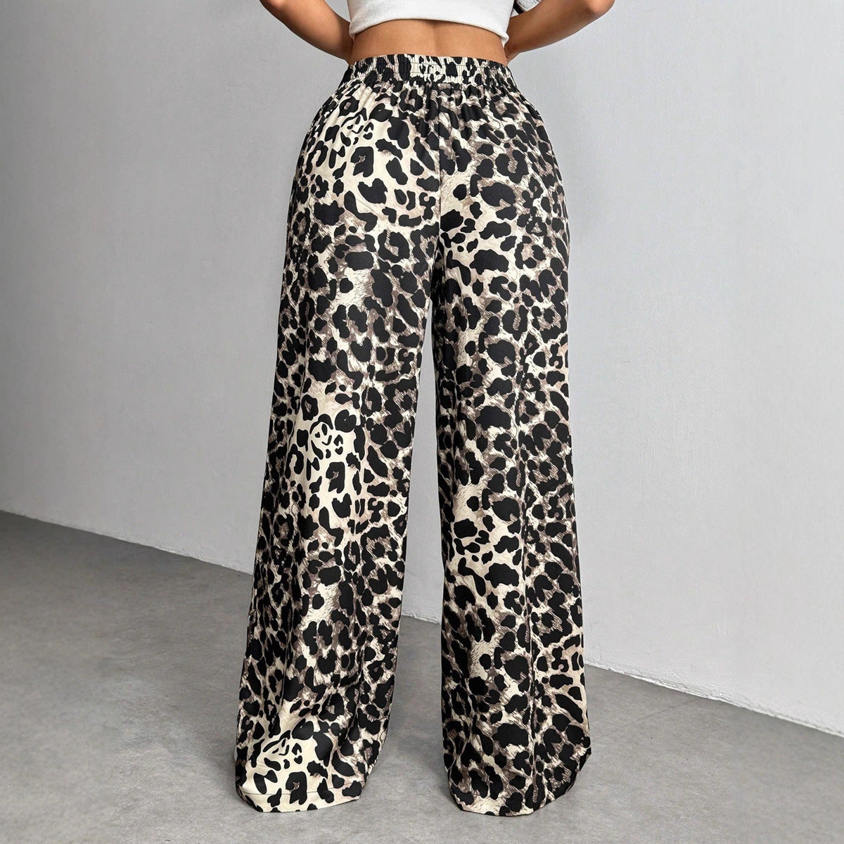 Women Winter Leopard Print Casual Pants Loose Elastic Waist Printed Wide Leg Trousers