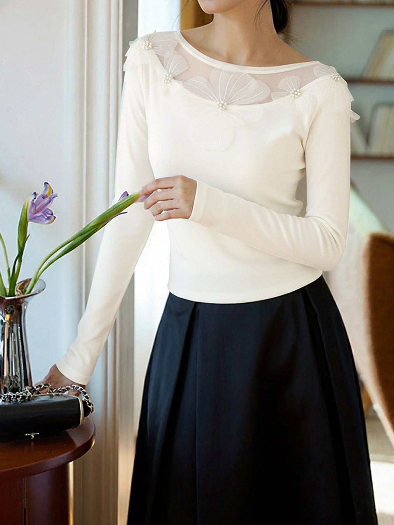 Spring Autumn Elegant Office Slim Fit Three Dimensional Floral Mesh Stitching Solid Color Top Women