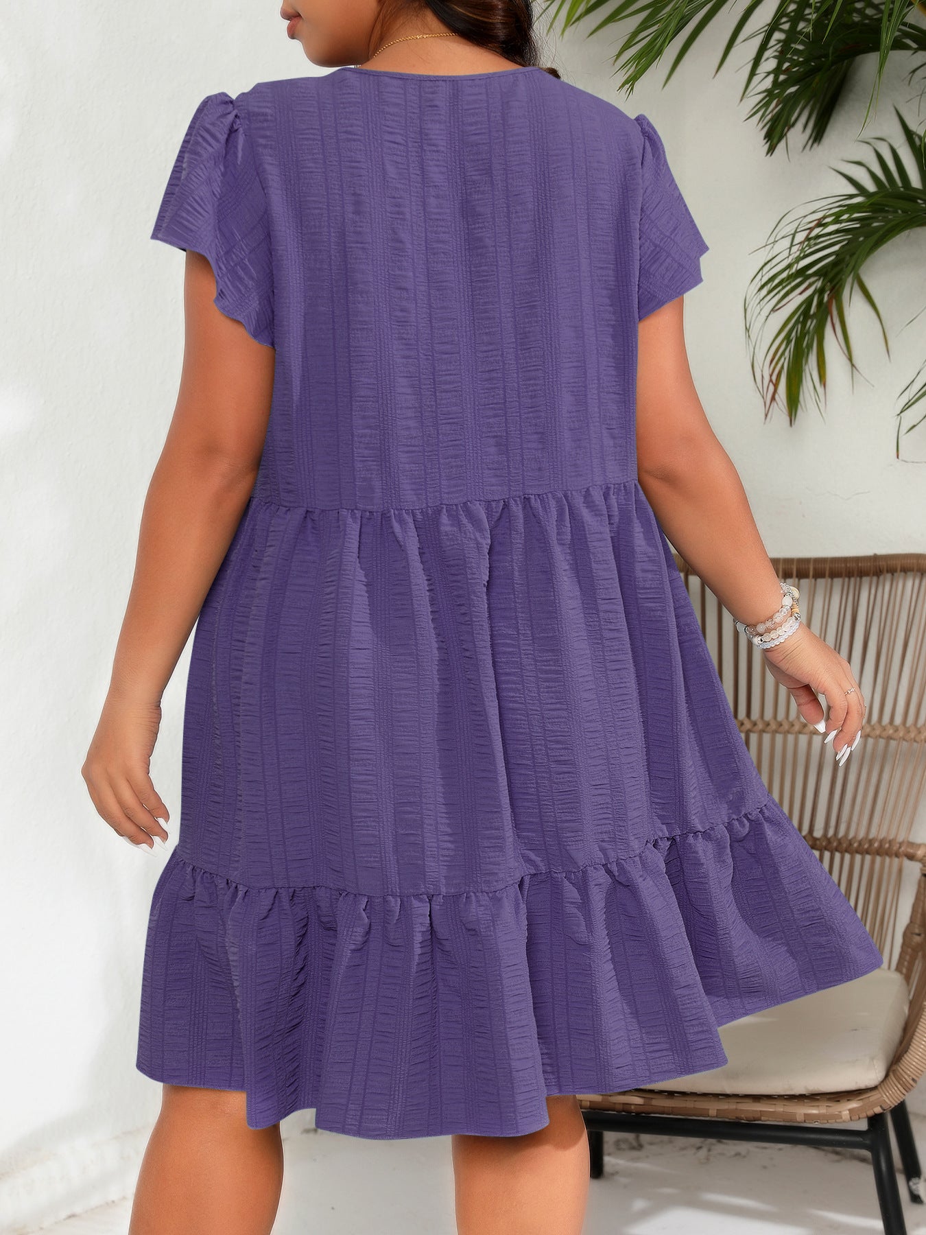 Plus Size round Neck Ruffle Sleeve Waist Tight Vacation Casual Dress