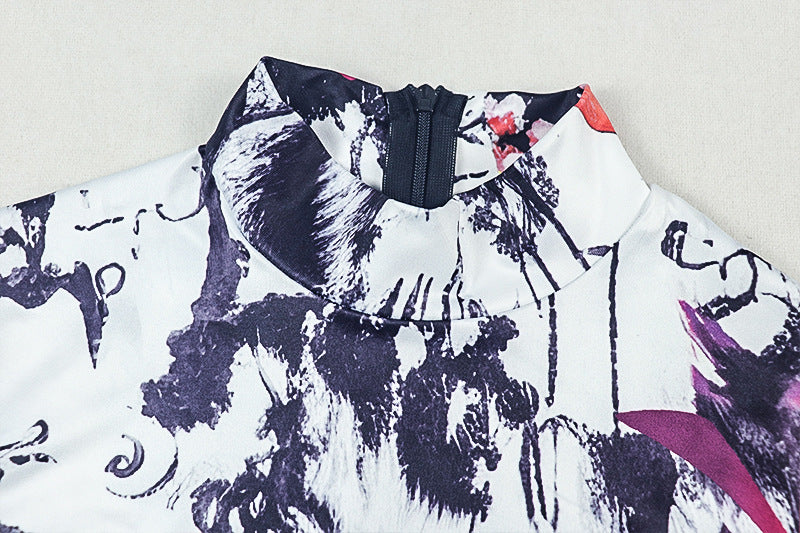 Personality Women Printed Wear Color Matching Tight Jumpsuit Stand Collar Elastic Sheath Long Jumpsuit