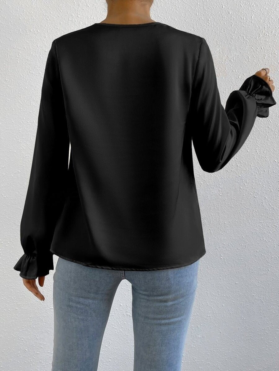 Women Clothing Ruffled Sleeve Satin Shirt Autumn Arrival Long Sleeve Satin Shirt