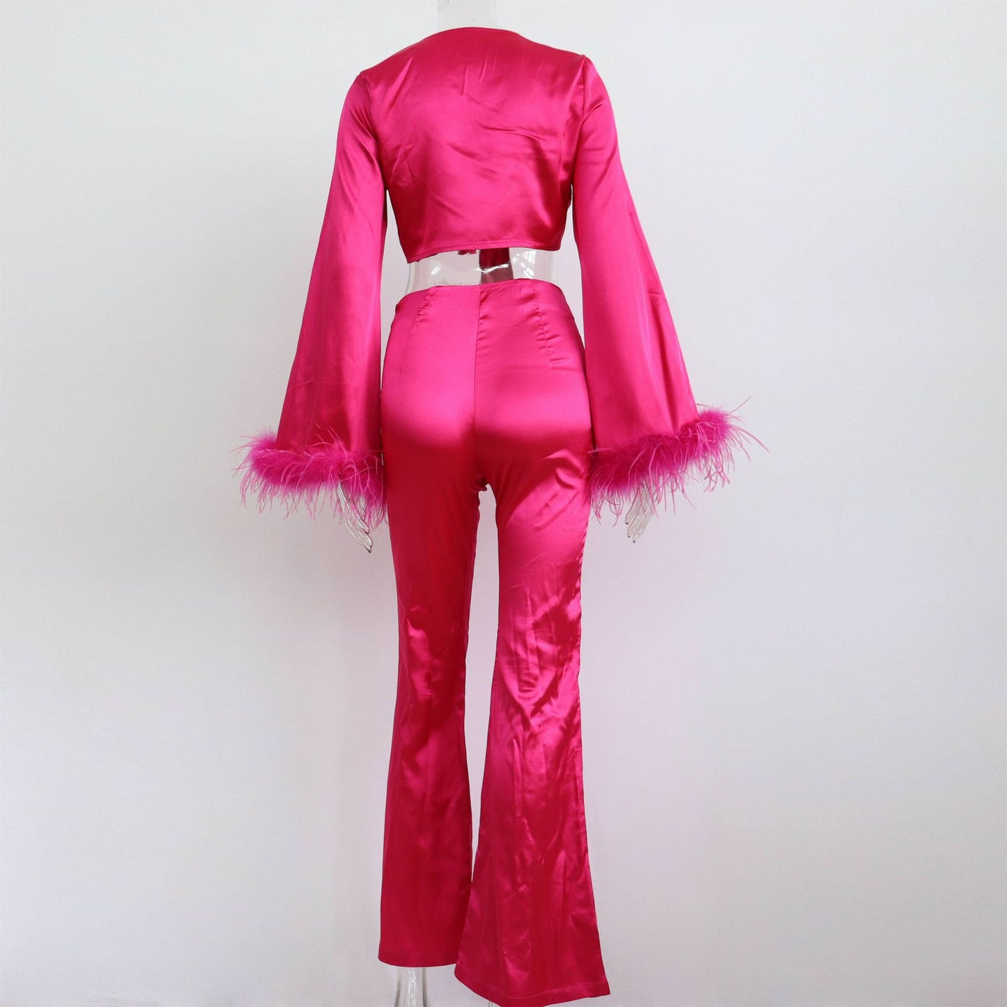 Satin Set Feather V neck Patchwork Sexy Lace up Short Top Hip Skirt Slit Casual Pants