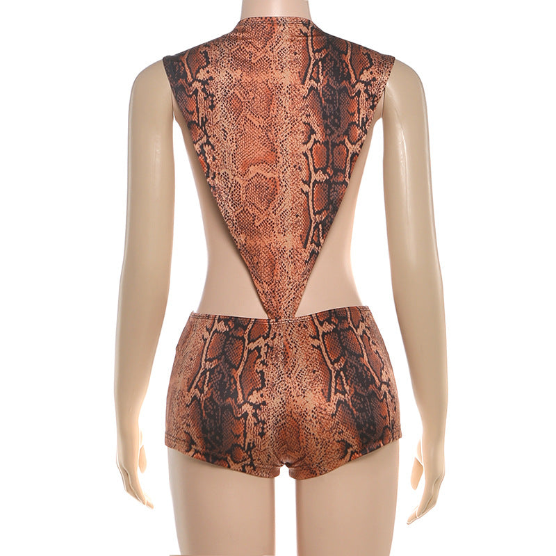 Autumn Winter Women Crew Neck Personality Snake Pattern Sexy Cutout Slim Sexy Jumpsuit