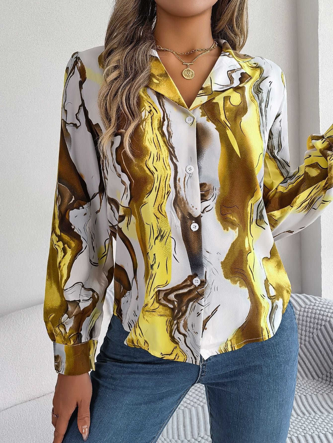 Autumn Winter Casual Contrast Color Striped Collar Long Sleeve Shirt Women Clothing