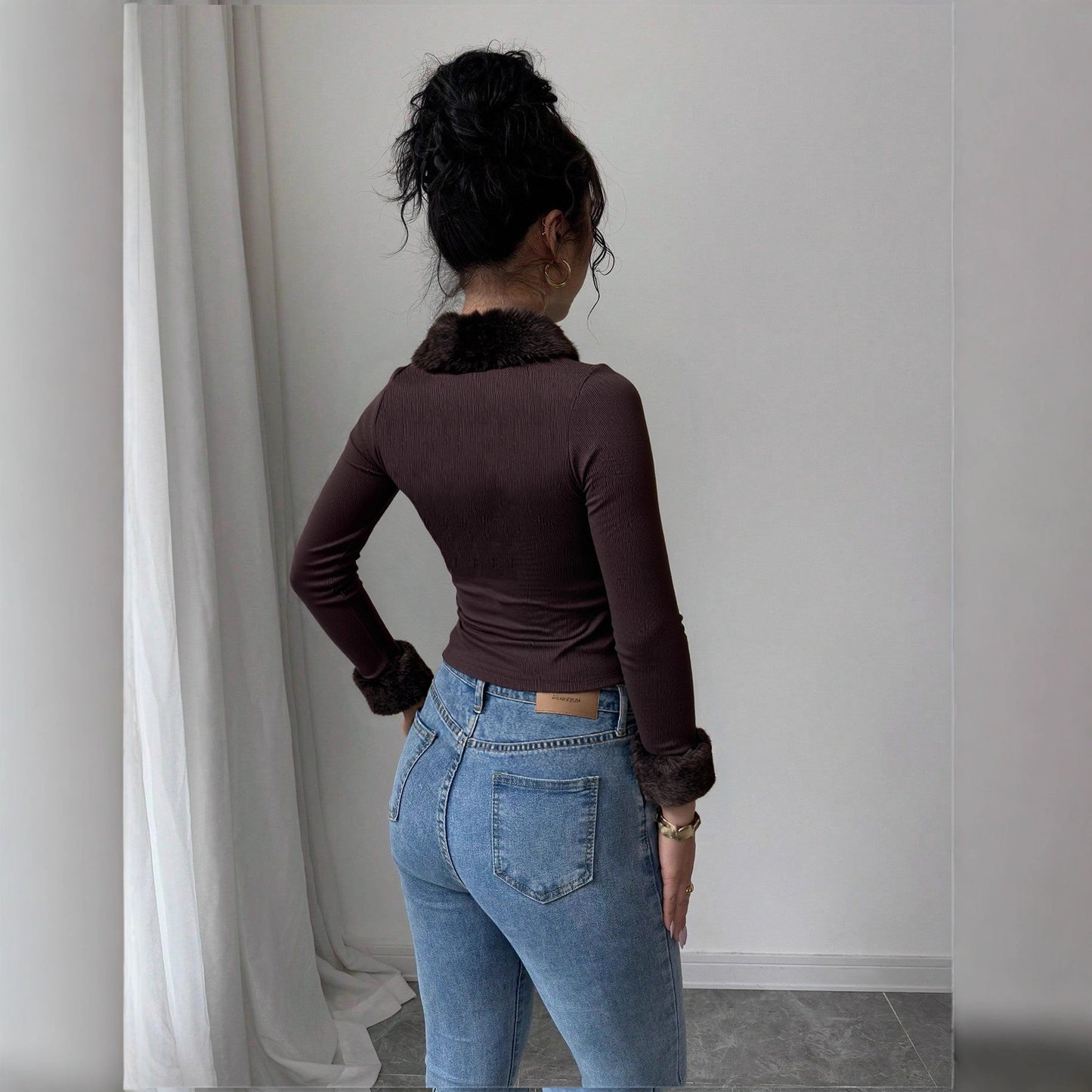 Autumn Winter Sexy Women Top Retro Short Fur Collar Long Sleeve
