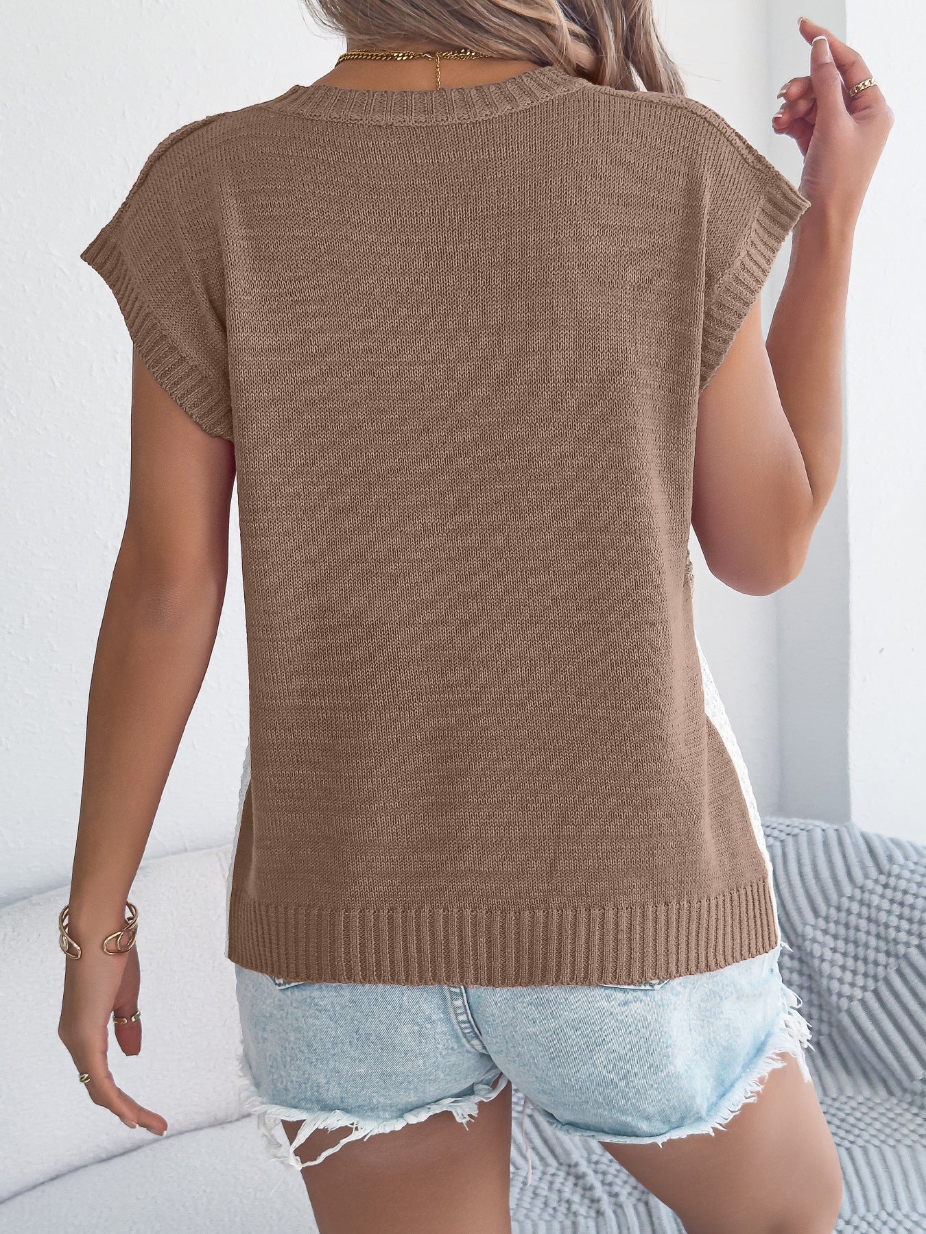 Women Clothing Spring Summer Color Matching Twist Casual Loose Batwing Sleeve Knitwear Holiday Top