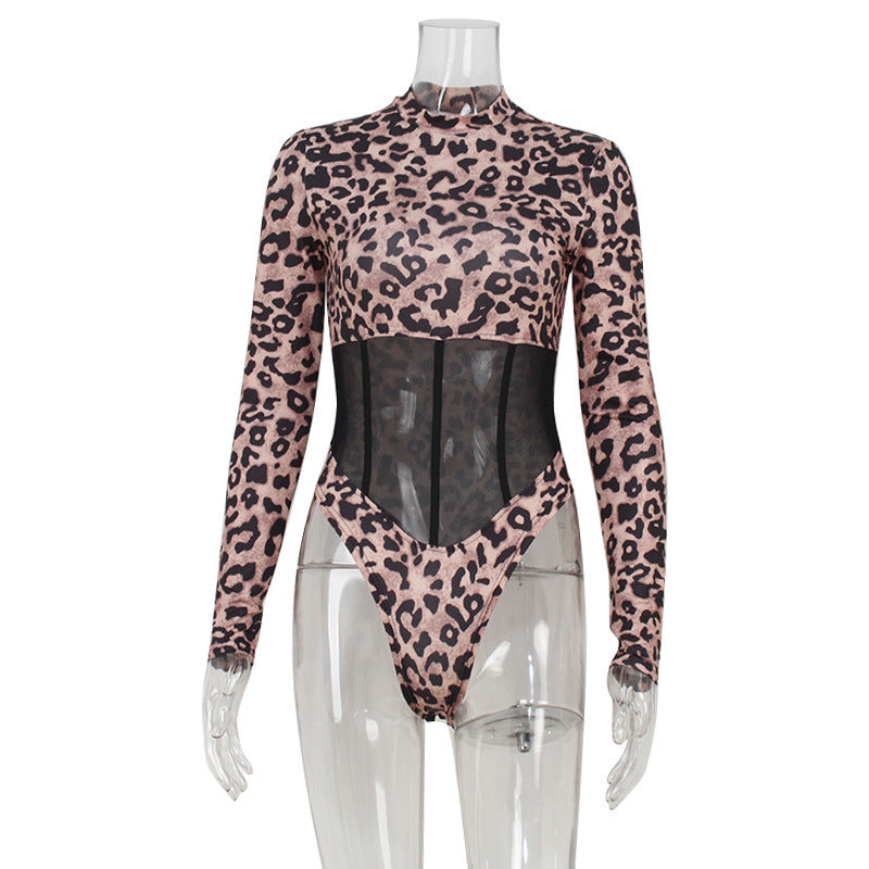 Sexy Leopard Print Printed Mesh Stitching Boning Corset Waist Trimming Sexy Jumpsuit Women