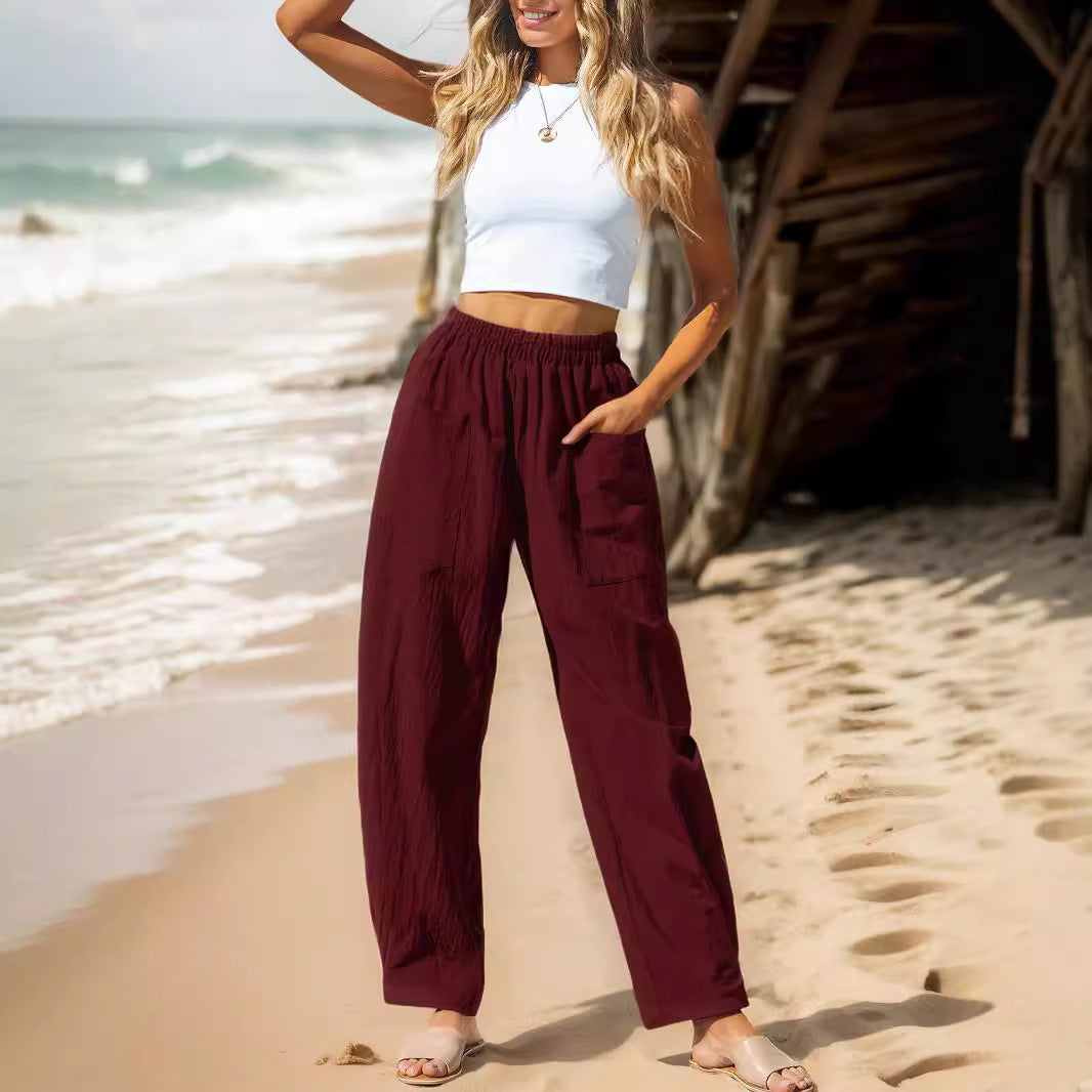Women Clothing Autumn Winter Cotton Linen Casual Pants Vacation Elastic Waist