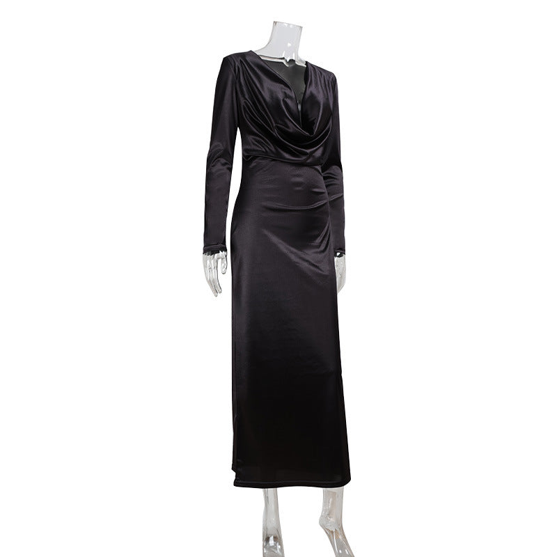 Arrival Autumn Elegant Solid Color Long Sleeve V neck Satin Bright Silk Dress Evening Dress