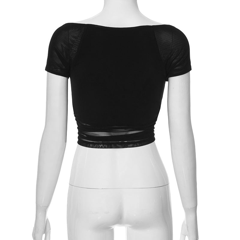 Women Clothing Summer Solid Color Mesh See Through Stitching Short Sleeve Bottoming Top