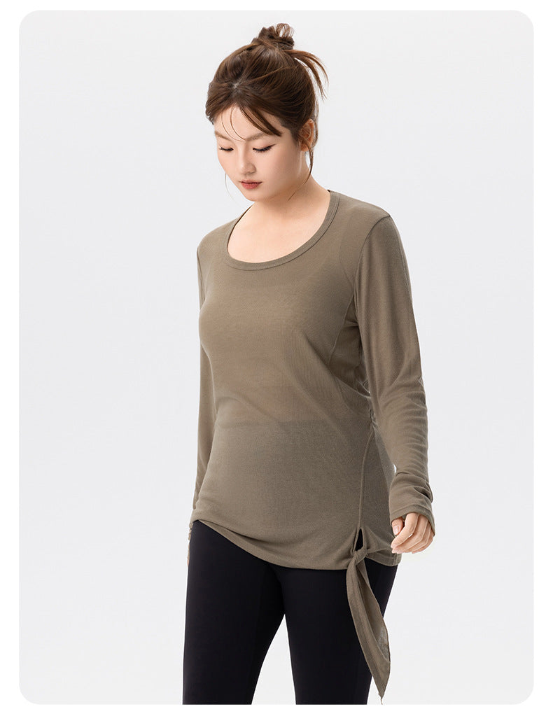 Plus Size Yoga Blouse Women Slim Fit Slimming Side Slit Workout Long Sleeve Soft Skin Friendly Plump Girls Yoga Clothing Top