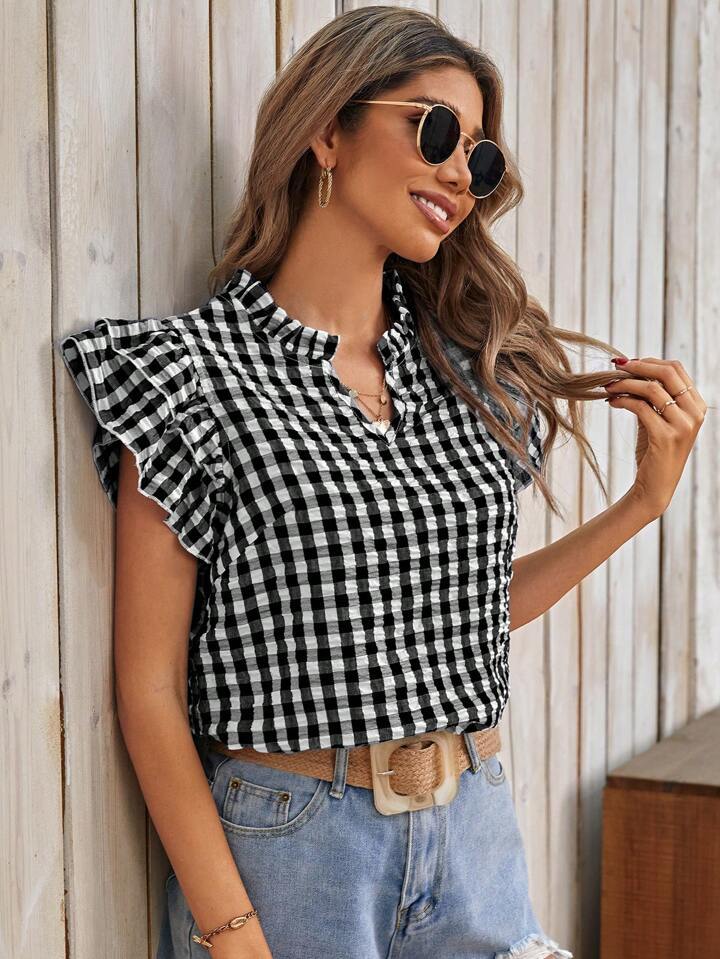 Summer Top Double Layer Ruffled Sweet Cute Women Clothing Plaid Short Sleeve