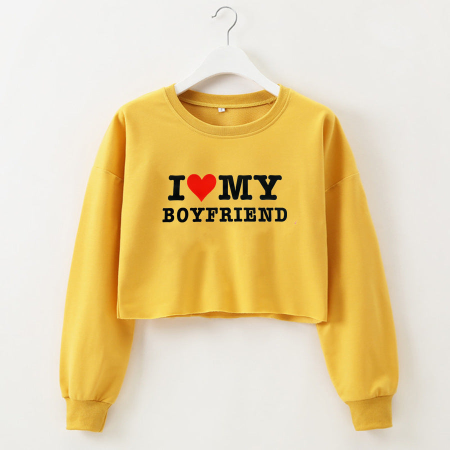 Street Hipster I Love My Boyfriend Printed Short Sweatshirt Autumn Winter Women Clothing