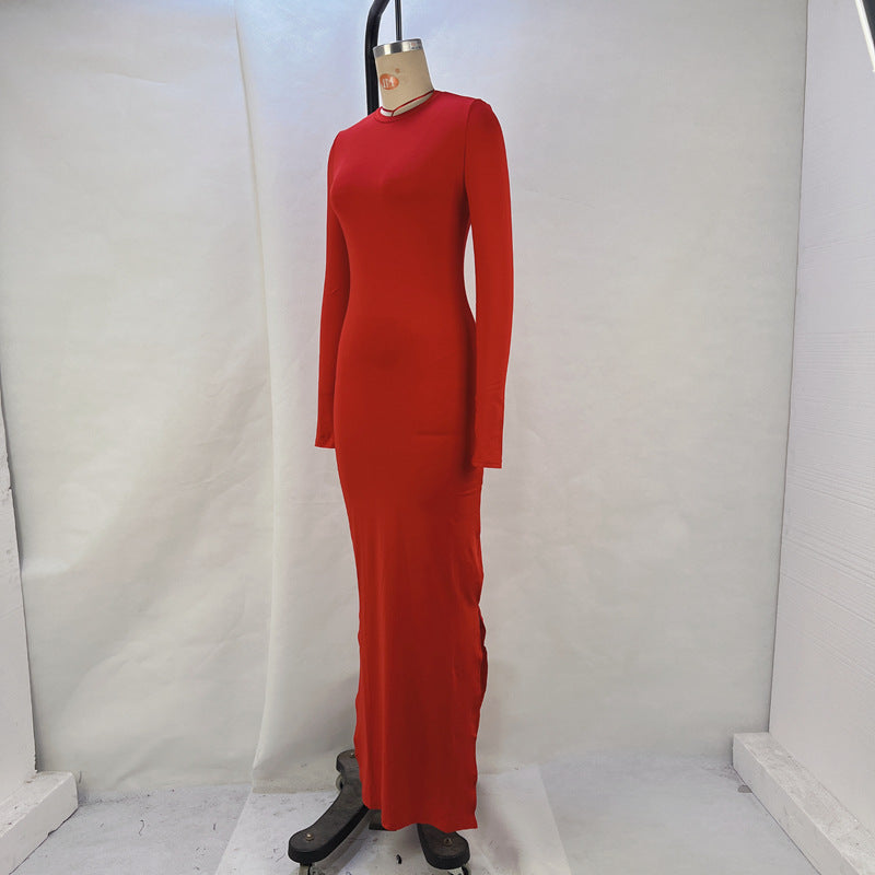 Women Clothing Spring Summer Solid Color Long Sleeve Tight Waist Hip Split Dress Women