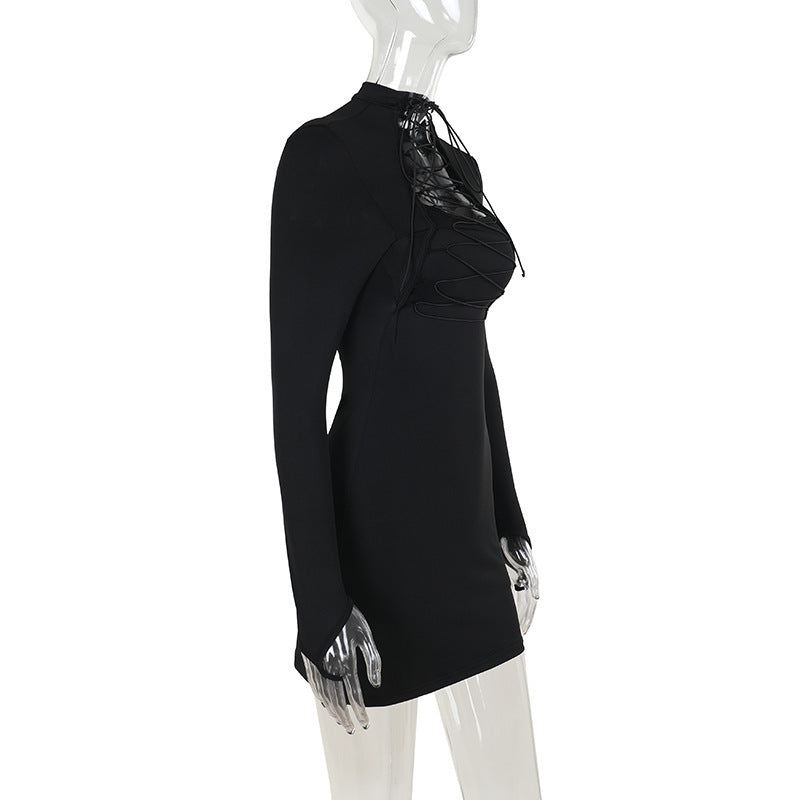 Hollow Out Cutout Sexy Waist Trimming Tied Long Sleeves Sheath Dress Women Clothing