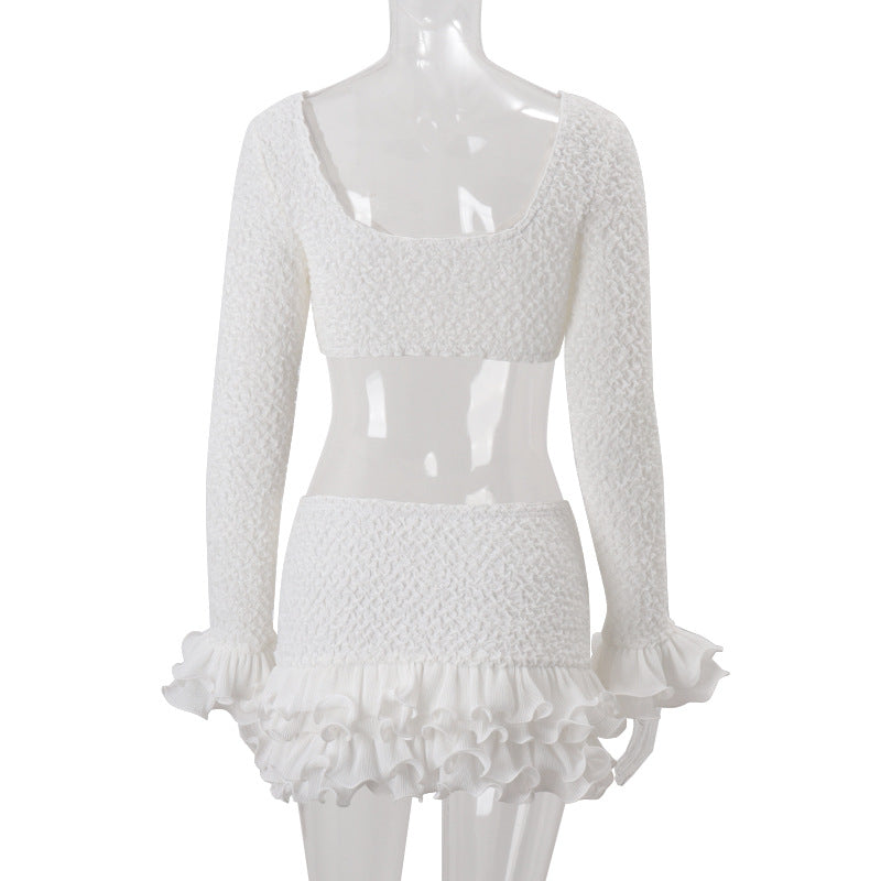 Women Clothing Autumn Sexy Gathered Wrapped Chest Long Sleeve Top Wooden Ear Skirt Two Piece Sets