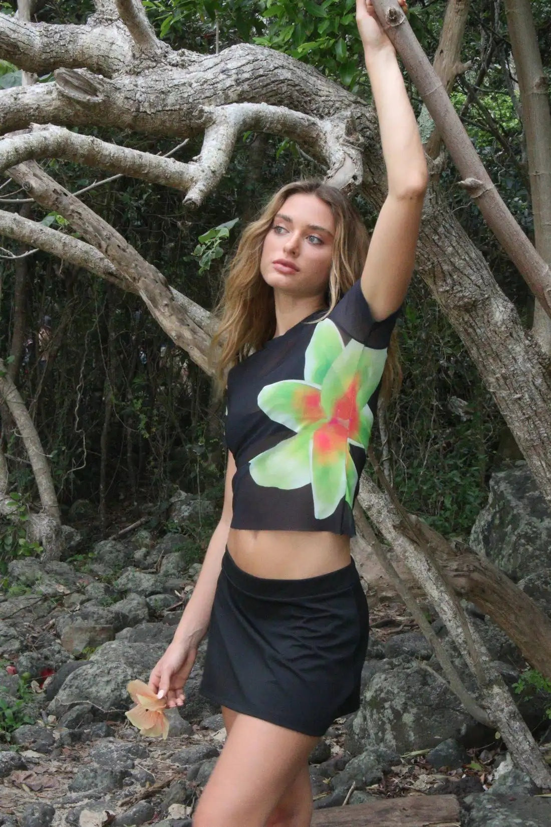 Summer Two Piece Floral Print See through Short Sleeved T shirt Sexy Slit A line Skirt Outfit
