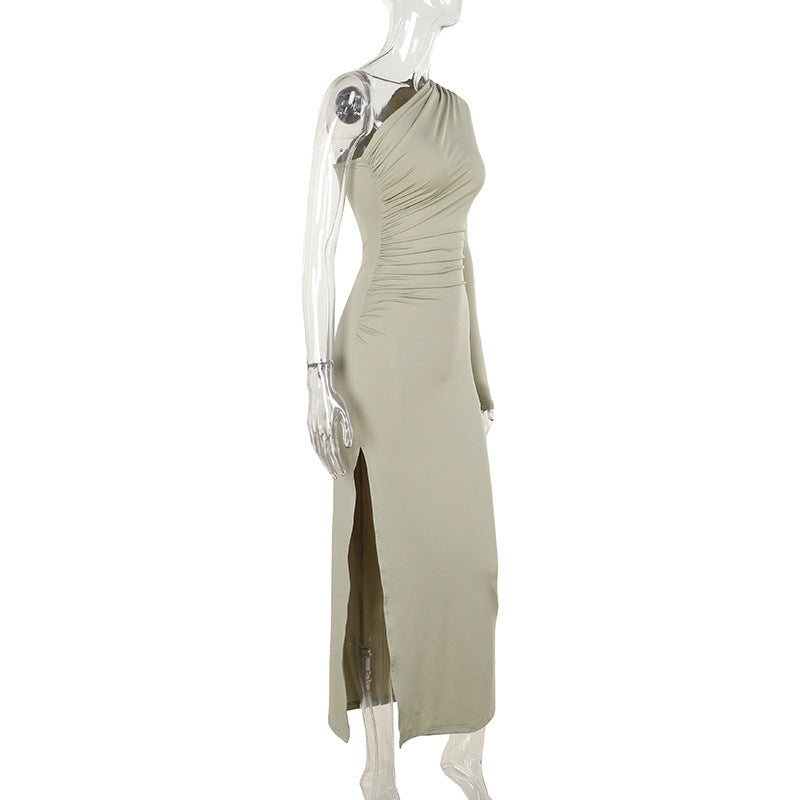 Autumn Elegant Sexy Slim Shoulder Pleated Single Layer Sleeves Dress Women