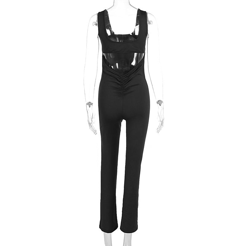 Women Clothing Summer Solid Color Sling Backless Hip Raise Skinny Sports Jumpsuit
