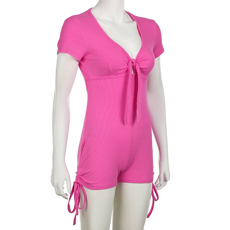 Summer Backless Drawstring Strap Sports Short Sleeved Jumpsuit Pleated Sexy Jumpsuit