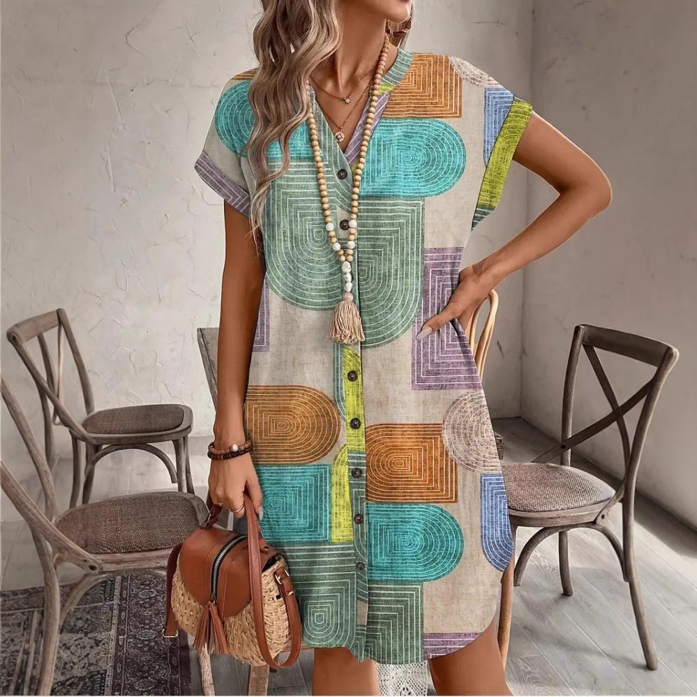 Women Clothing Summer Geometric Abstract Print Elegant V neck Button Sleeve Dress Women