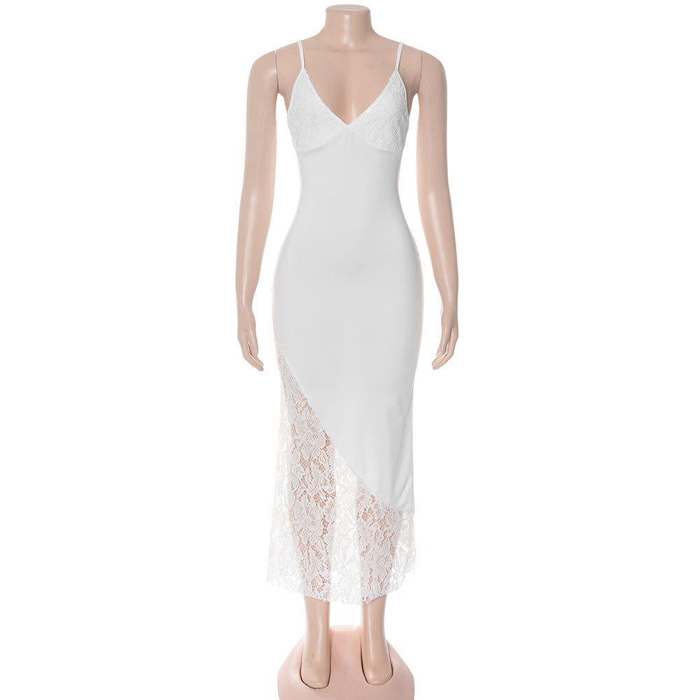 Retro White Lace Wood Grain Gentle Splicing Sling Dress in Time