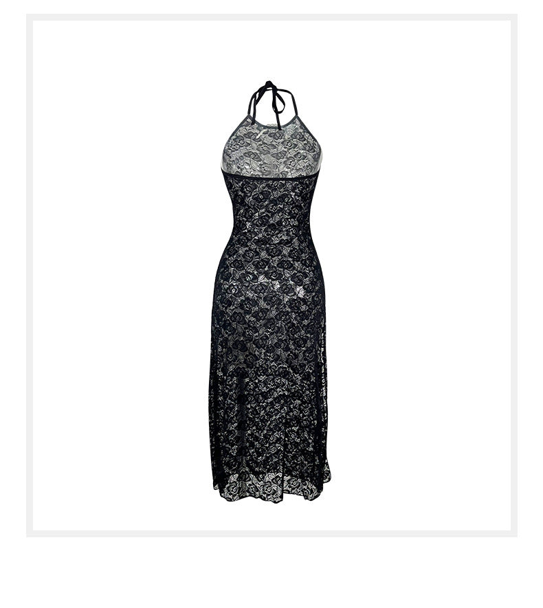 Sexy Lace Halter Dress Backless High Waist Slit Slim-Fitting Close Fitting Nightdress
