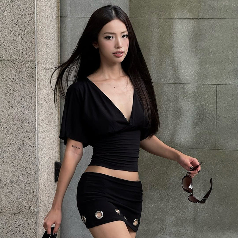 Women Clothing Summer Sexy Low Cut Deep V Plunge neck Solid Color Backless Lace up Half Sleeve T shirt Top