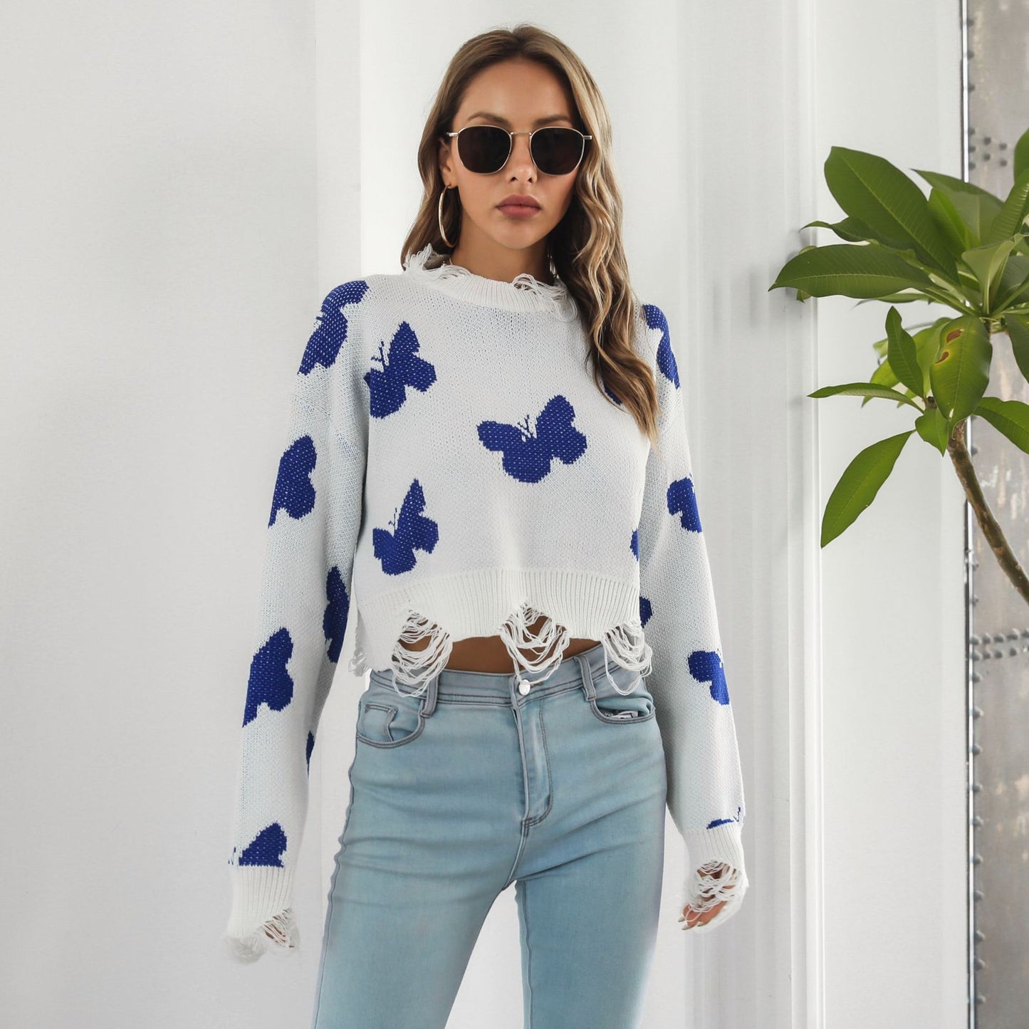 Ripped Butterfly Jacquard Short Sweater Women Autumn Winter Long Sleeve Sweater Sweater