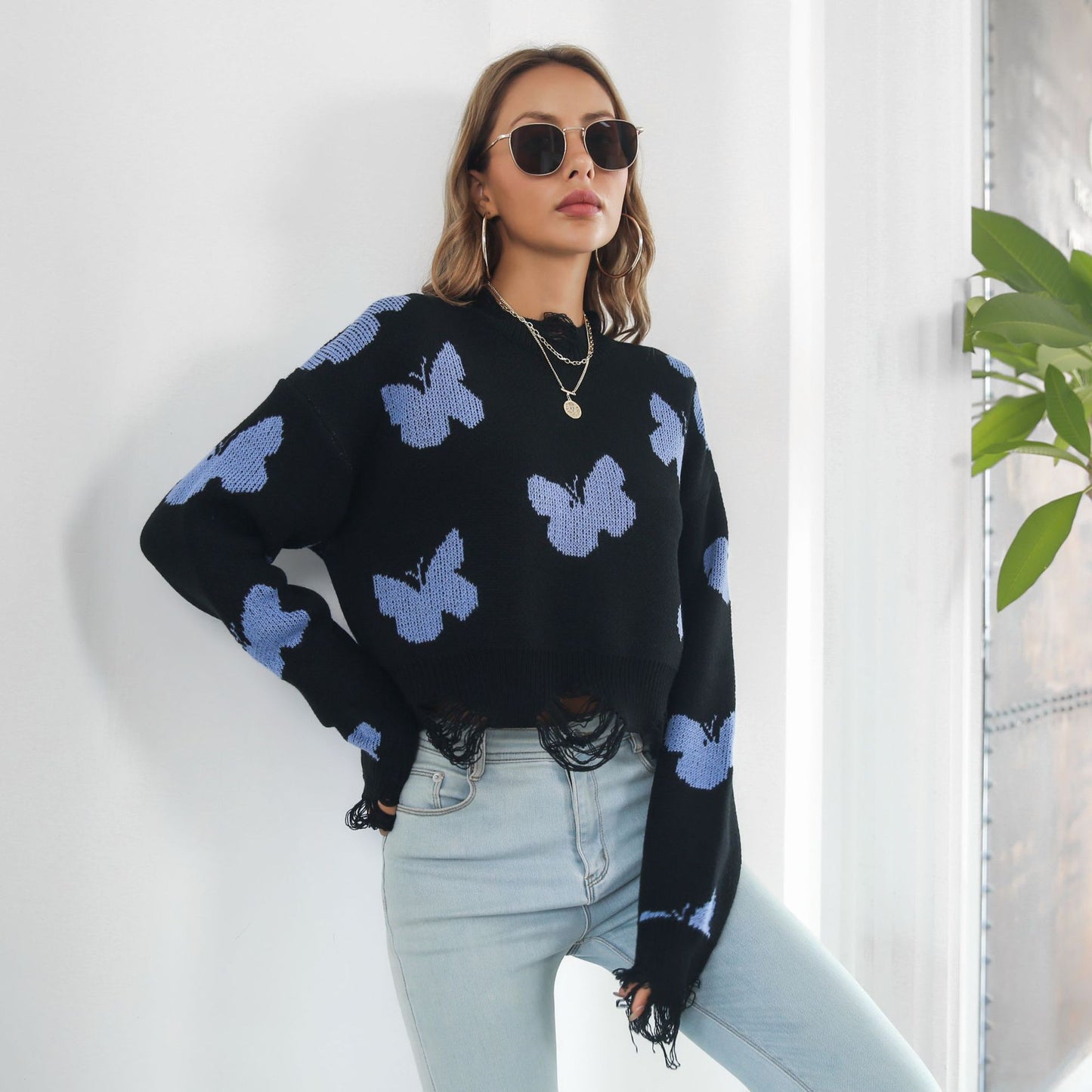 Ripped Butterfly Jacquard Short Sweater Women Autumn Winter Long Sleeve Sweater Sweater
