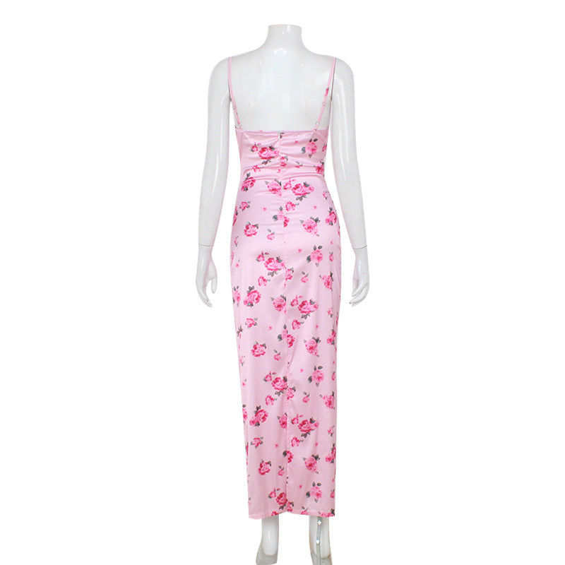 Summer French Sexy Swing Collar Gentle Pink Floral Print Slim Strap Dress Long
