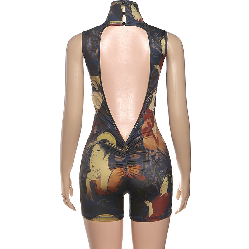 Women Autumn Winter Women Clothing Personalized Printing High Neck Sexy Slim Sleeveless Jumpsuit
