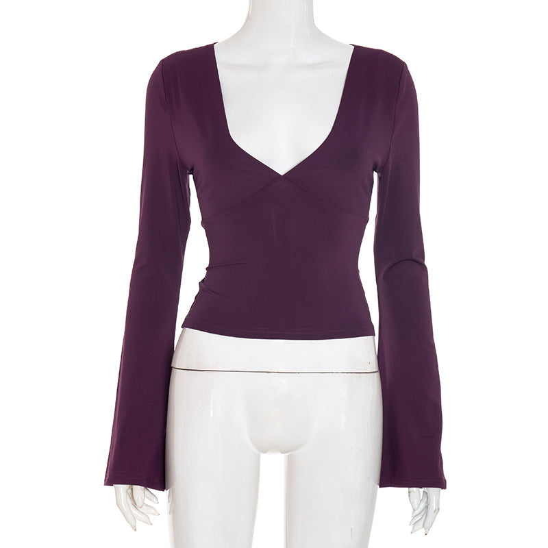 Women Clothing Sexy Solid Color Slim Fit Low Collar Figure Flattering Top